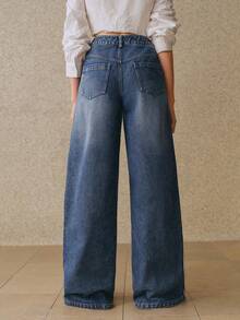 Anewsta 春季时尚蓝色牛仔裤，侧边饰有白色条纹织带，百搭女式牛仔裤 - 藍色 - 查看 2