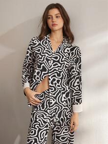 Ocili Comfortable Geometric Mountain Texture Pattern Loose Long Sleeve & Pants Women Pajama Set, Natural & - Multicolor - View 7