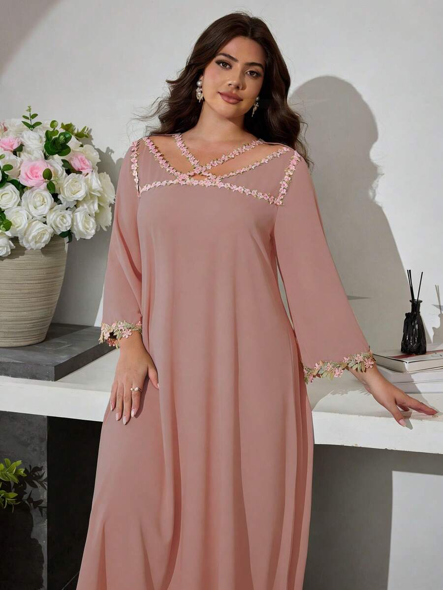Al Najma Plus Size Women Hollow Out Lace Patchwork Long Sleeve Casual Loose Arabic Style Dress - Dusty Pink - View 1