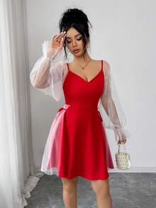 Rafferiza Women's V-Neck Lantern Sleeve Beaded Mesh Patchwork Cinched Waist Elegant Mini Dress - Red - View 6