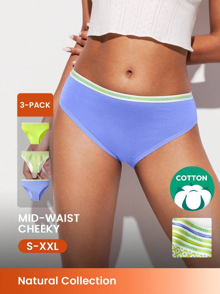 LUVLETTE 3-Pack Soft Cotton Mid-Waist Cheeky Women Underwear Panty Set - Multicolor - View 1