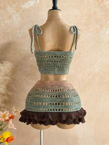 Soleia Women's Ombre Starfish Applique Hollow Out Knit Camisole Top And Knitted Mini Skirt Sexy 2-Piece Set, Suitable For Party, Evening, Date, Beach, Summer - Multicolor - View 2