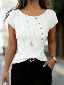Franclia Camiseta Casual Feminina de Manga Raglan com Gola Redonda e Botões Metálicos Canelados em Branco, Adequada para Uso Diário e Commuting, Top de Malha Branca Canelada para Primavera/Verão, Top de Malha Feminina, Blusas Elegantes de Verão Femininas, Blusas de Malha de Manga Curta Femininas, Blusas Justas Femininas de Manga Curta - Branco - Visão 3