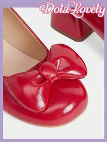 Dola Lovely Red Patent Leather High Heel Women's Shoes, Square Toe Bowknot Mary Jane Shoes, Sweet Lolita Style Energetic Everyday Wear - Red - View 3
