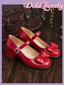 Dola Lovely Red Patent Leather High Heel Women's Shoes, Square Toe Bowknot Mary Jane Shoes, Sweet Lolita Style Energetic Everyday Wear - Red - View 5
