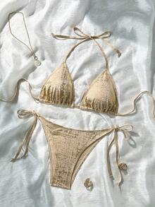 SHEIN Swim Bộ đồ bơi đi biển cho nữ có họa tiết kim loại - Vàng - Xem 1