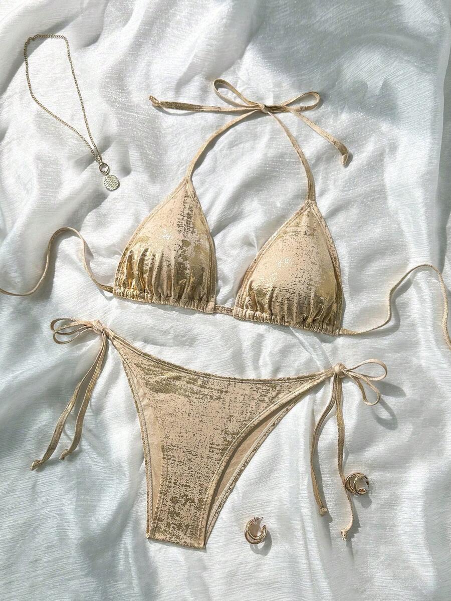 SHEIN Swim Bộ đồ bơi đi biển cho nữ có họa tiết kim loại - Vàng - Xem 1