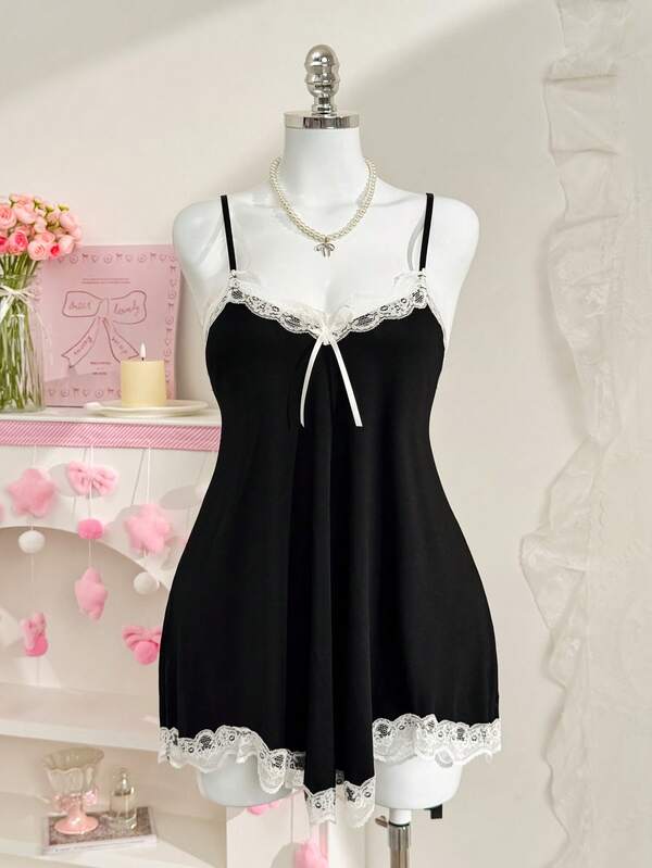 Lace Patchwork Black Sexy Slip Dress For Women