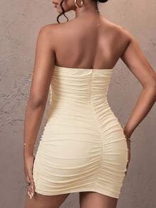Slaydiva Women's Solid Color Ruched Fitted Sexy Bandeau Dress - Apricot - View 2