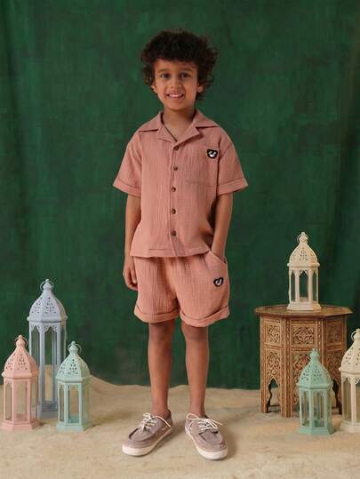  SUMWON Boys Double Cloth Revere Collar Short Sleeve Button Up Shirt And Matching Shorts Coordinated Set Summer Outfit Casual