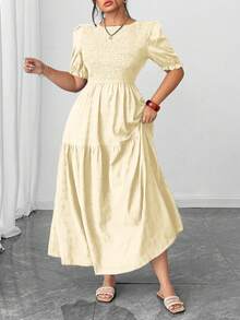 Elenzga Holidaya 大码优雅休闲纯色泡泡袖褶皱荷叶边连衣裙，适合日常通勤、办公、外出就餐、浪漫约会和度假，春夏新款女装连衣裙，夏季优雅连衣裙，褶皱女装，泡泡袖连衣裙，优雅连衣裙，长款连衣裙 - 米色 - 查看 6