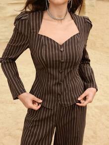Modelyn 女士棕色条纹系带上衣和直筒裤两件套，春夏款 - 棕色 - 查看 7