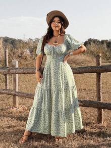 Ceyna 加大码绿色碎花休闲优雅无袖连衣裙，春夏波西米亚风连衣裙，波西米亚孕妇装，绿色碎花连衣裙，波西米亚两件套，波西米亚女装，游牧风连衣裙，泡泡袖连衣裙，夏季连衣裙，度假装，乡村风连衣裙，波西米亚风女装，波西米亚碎花连衣裙 - 綠色 - 查看 4