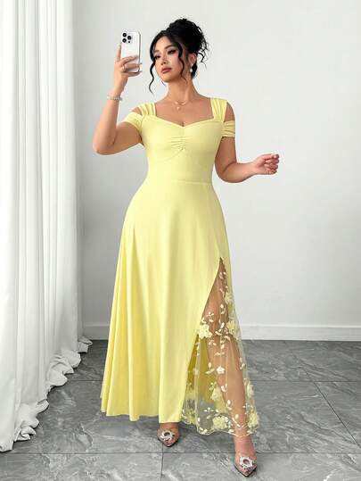 Elenzga Women's Elegant Romantic Split Mesh Embroidered Patchwork Dress