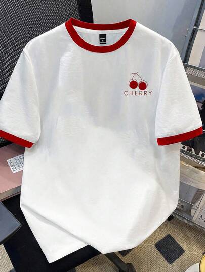 Manfinity Joysei Camiseta de manga corta casual para hombres con estampado de cerezas y bloques de color, con estilo urbano