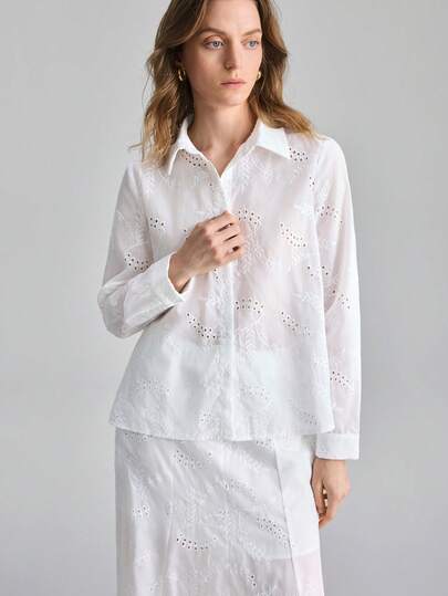 Ontre 女士纯色纽扣前开襟长袖上衣和半裙休闲两件套