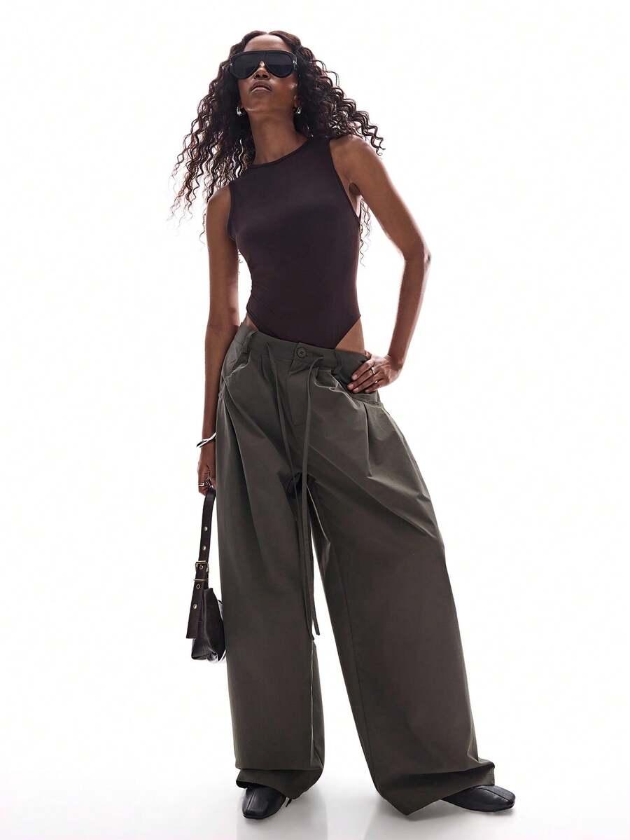 Aveloria Affinna Pantalones rectos de cintura elástica con cordón, estilo casual retro a rayas, estilo europeo y americano - Verde militar - Ver 1