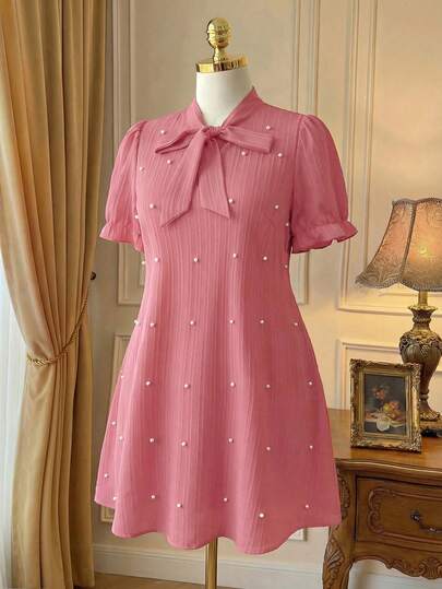 Rometta Plus Size Women Pearl Embellished Bow Tie Dress