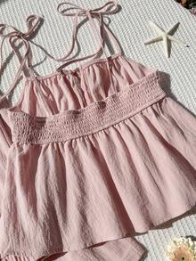 Comfortcana Set Camisole dan Celana Warna Polos Kasual Musim Panas - Dusty Pink - View 5