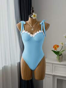 Swim Mod 1pc Women's Daisy Underwire Lace-Up Bralette, Cute & Sweet - Blue - View 5