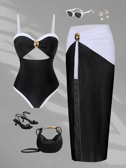 Swim Oasis Women's Black & White High-End Elegant Metal Decor Detachable Strap Hollow Design Mesh Patchwork Maxi Dress, Vacation Style Sophisticated One-Piece Set Black And White Swimsuit Skirt Swimsuit Set Bathing Suit 3 Piece Set Ladies Swimwear Set Swimsuit With Skirt