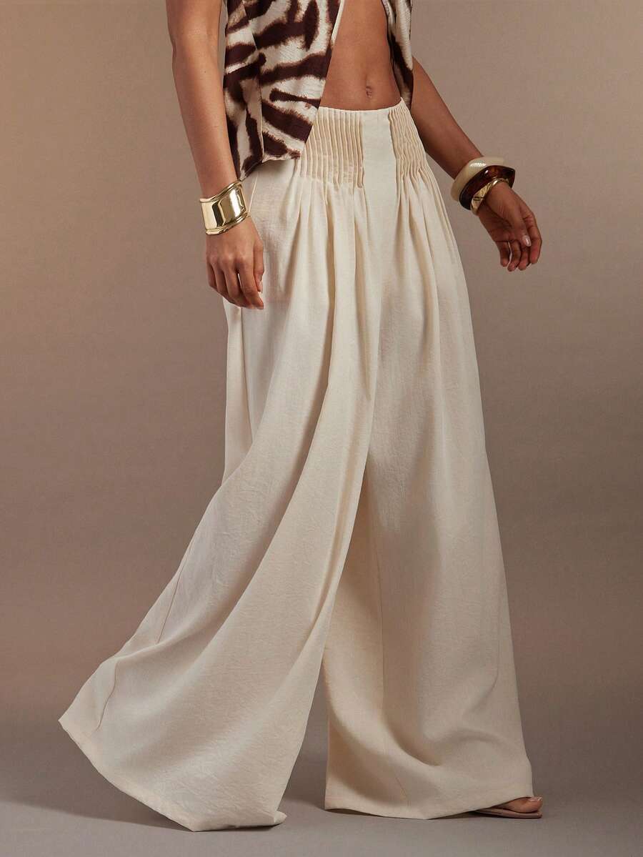 Hauture Women's Sexy Casual Pleated Relaxed Wide Leg Linen Pants - White - View 1