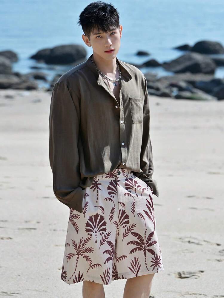 Summer Vacation Style Coconut Tree Pattern Elastic Waist Men Shorts