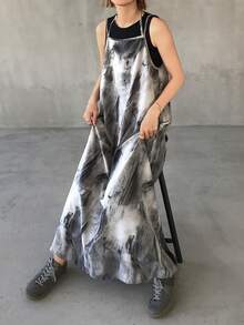FRIFUL 女士无袖扎染渐变宽松A字休闲连衣裙 - 灰色 - 查看 7
