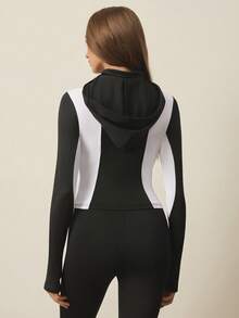 With My Calm With My Calm Damen Farbblock Reißverschluss Halb-Plakette Kapuzen Lässig Vielseitig Alltags Pendler Sport Sweatshirt - Schwarz und Weiss - Übersicht 2