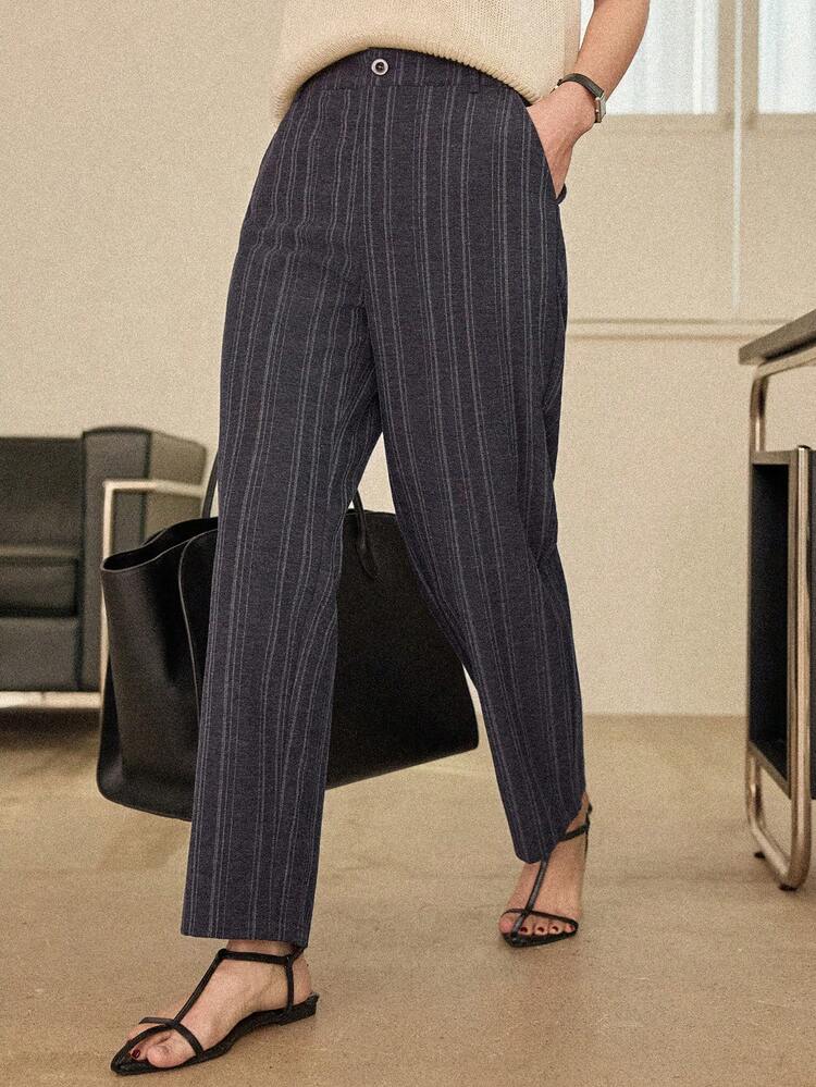 Women's Elegant Striped Wide Leg Casual Pants, Suitable For Business, Office, Commuting, Professional Wear, Spring & Summer