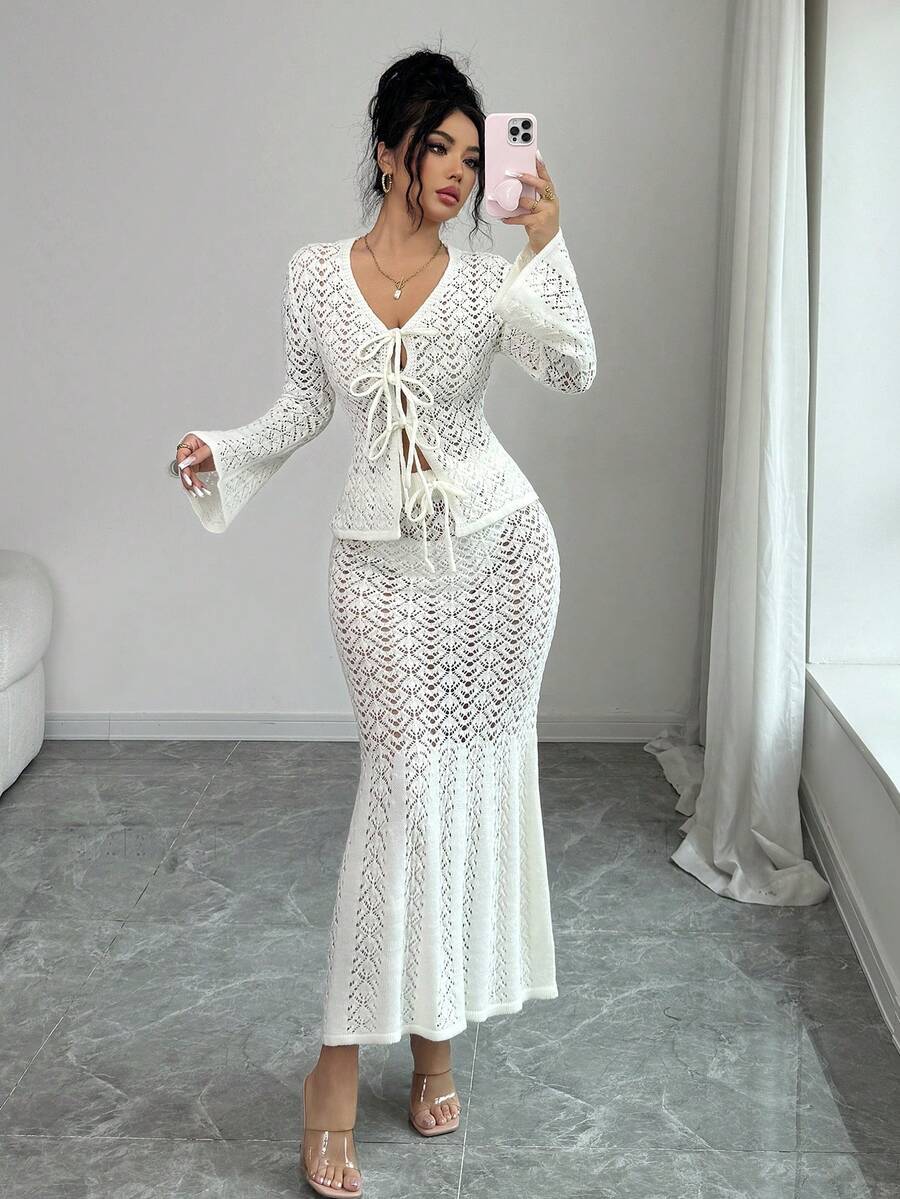 SHEIN Raffinéa Women's Elegant Flare Sleeve Hollow Out Knit Sweater And Fish Tail Hem Skirt 2 Pieces Set, Autumn - White - View 1