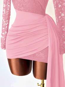 Mistrie Vestido elegante de mujer de unicolor con cruce envolvente, manga larga y parches de encaje - Rosa - Ver 6