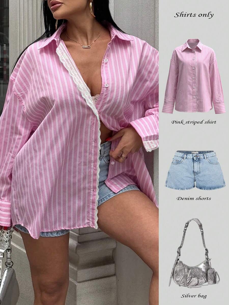 INAWLY Women's Pink Striped Casual Loose Fit Button-Down Shirt With Ruffle Collar, Suitable For Office Or Vacation, Spring/Summer - Pink - View 1