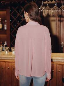 Anewsta Áo kiểu dài tay màu hồng dáng rộng, cổ áo họa tiết hoa 3D hình trái tim dành cho nữ. - Hồng - Xem 3