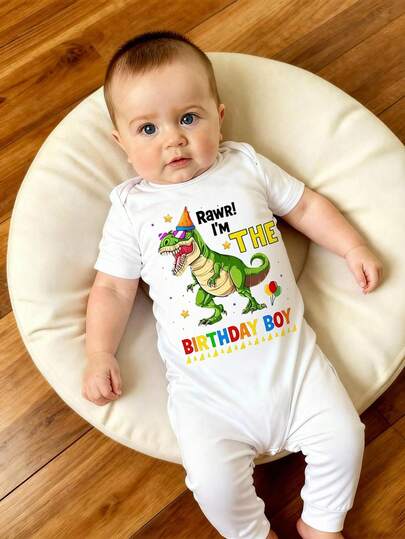 SHEIN Playful Pals Baby Boy Dinosaur Print Short Sleeve Jumpsuits, & Cute, Suitable For Spring/Summer Holidays