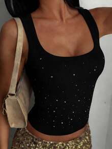 DAZY Women's Sleeveless Top With Rhinestone Decor, Slim Fit, Autumn/Winter Summer - Black - View 2