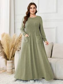 Lacomfia 针织弹力浅蓝色长袖褶裥口袋简约时尚休闲舒适柔软大码女装 - 薄荷綠 - 查看 6