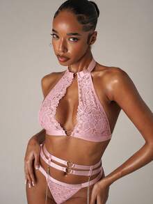 SHEIN BAE Floral Lace Ring Linked Garter Lingerie Set With 1pair Leg Ring - Baby Pink - View 9