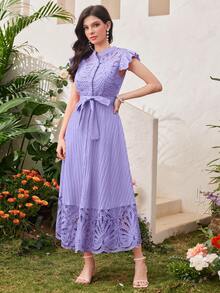 Modelyn Đầm maxi dài màu đỏ tía trơn đơn giản dành cho nữ, thích hợp mặc hàng ngày, có thắt lưng, hoặc mặc dự tiệc tối. - Màu tím - Xem 7