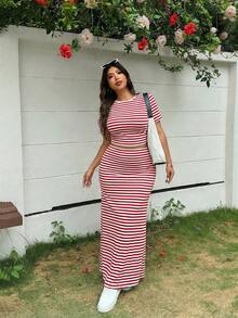 Solflare 2pcs/Set Plus Size Women's Red And White Striped T-Shirt & Maxi Dress,Summer Smart Casual Holiday Outfits,Elegant Chic Y2k Style For Daily Party - Red and White - View 5