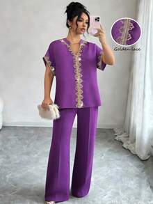 Elenzga Linhara 2pcs Plus Size Fashion V-Neck Applique Short Sleeve Top And Pants Set, Suitable For Women In Spring/Summer - Purple - View 1