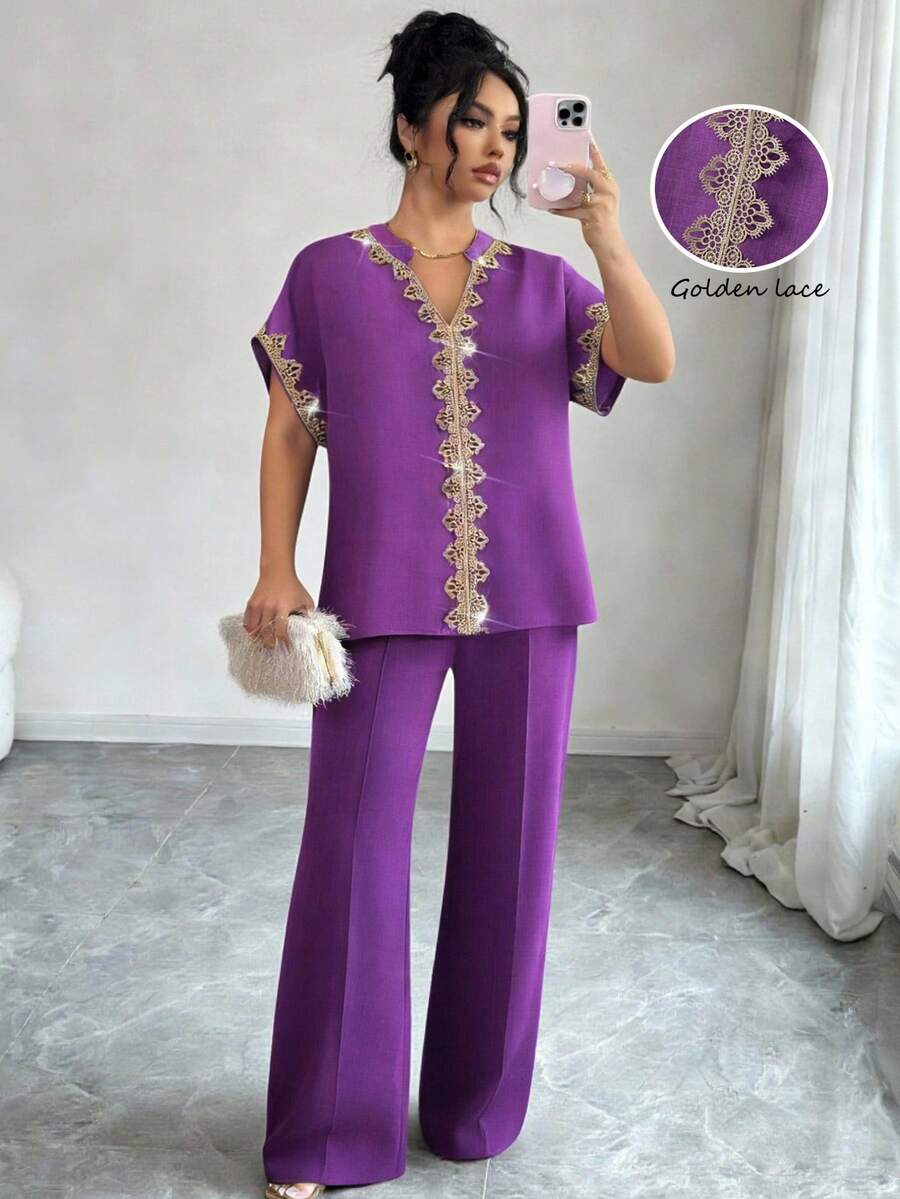 Elenzga Linhara 2pcs Plus Size Fashion V-Neck Applique Short Sleeve Top And Pants Set, Suitable For Women In Spring/Summer - Purple - View 1