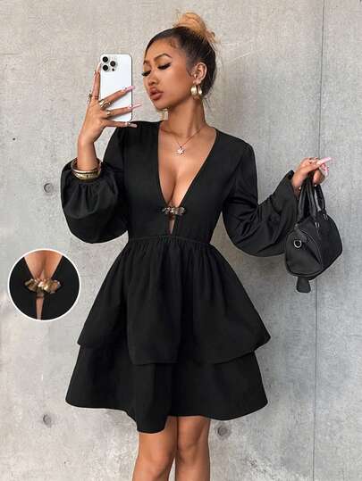 Rafferiza Fashionable Women's Long Sleeve Short Dress, Puff Sleeves, Elastic Cuffs, Double Layer Puff Skirt, Sexy & Elegant, Deep V-Neck Metal Decor Button