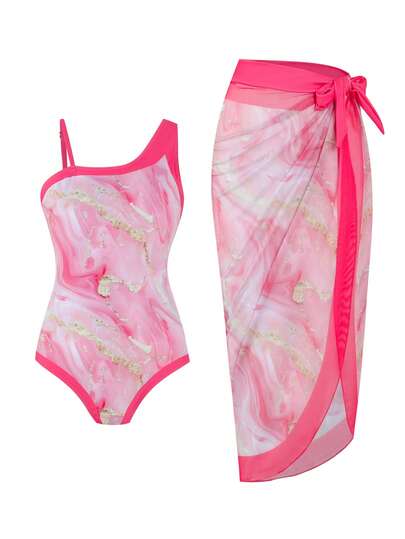 1pc Girls' Tie-Dye Vacation Style Printed One-Piece Swimsuit With Skirt, Plus Size