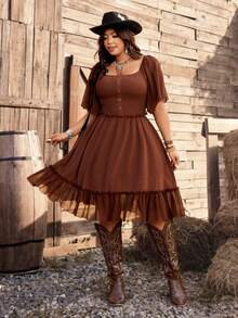Ceyna Plus Size Square Neck Raglan Sleeve Short Dress,Chocolate Brown Summer Boho Vacation Holiday Casual Loose Fit Decorative Button Western Cowgirl Dress - Rust Brown - View 7