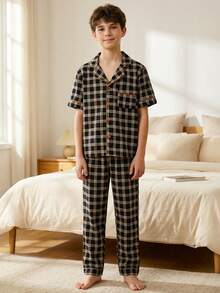 Boys Classic Plaid Lapel Short Sleeve Pajama Set - Multicolor - View 8