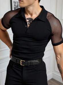 Manfinity AFTRDRK 男士夏季镂空拼接插肩短袖黑色Polo衫 男士短袖衬衫 渔网衬衫 男士透视上衣 男士网眼衬衫 男士黑色性感Polo衫 - 黑色 - 查看 1