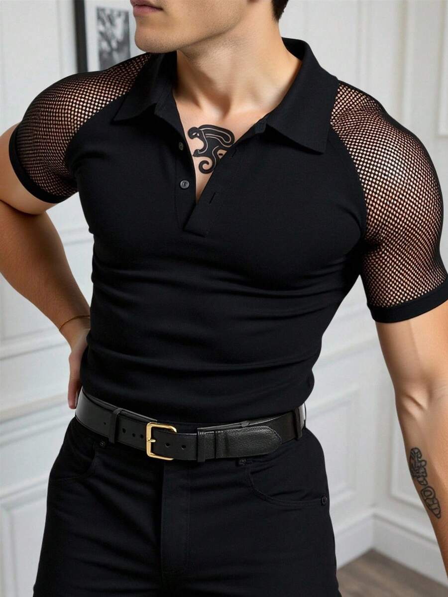 Manfinity AFTRDRK 男士夏季镂空拼接插肩短袖黑色Polo衫 男士短袖衬衫 渔网衬衫 男士透视上衣 男士网眼衬衫 男士黑色性感Polo衫 - 黑色 - 查看 1