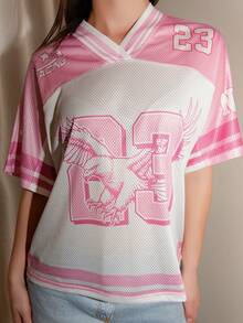Bris Aura Women's Spring And Summer Y2K Streetwear Vintage Breathable Mesh Graphics Number Pattern Football Jersey T-Shirt - Pink - View 6
