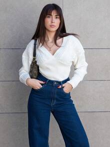 Hitanina Women's Deep V-Neck Cable Knit Patchwork Sweater, Loose Top & Tight Bottom, Beige, Autumn/Winter,Fall - Beige - View 5